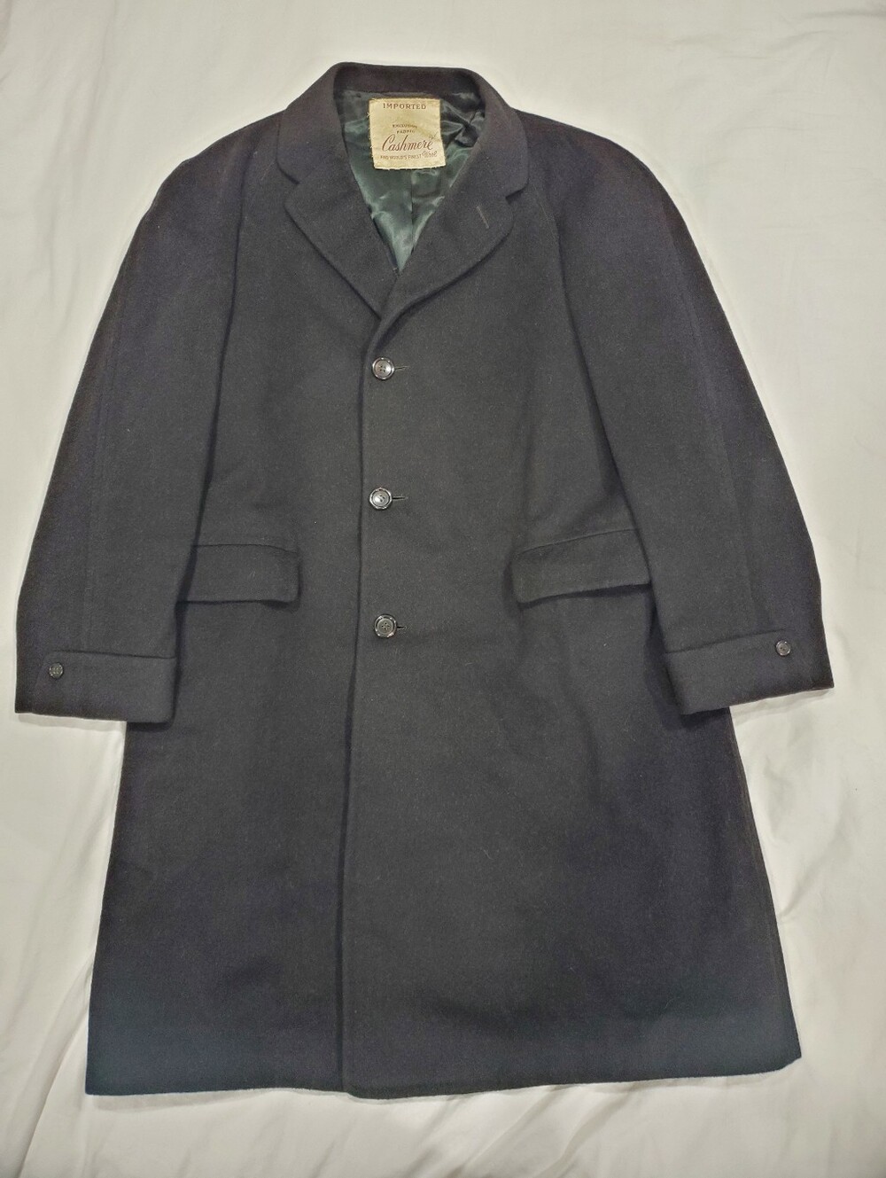 Vintage Cashmere & Wool Overcoat Men's 42 L Black 3-Button Long Trench Coat MINT